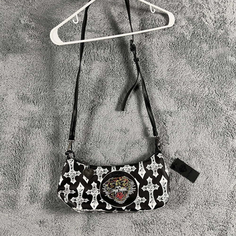 Ed Hardy Shoulder Bag Womens Black White Floral Tiger Graphic Patch Rhinestone